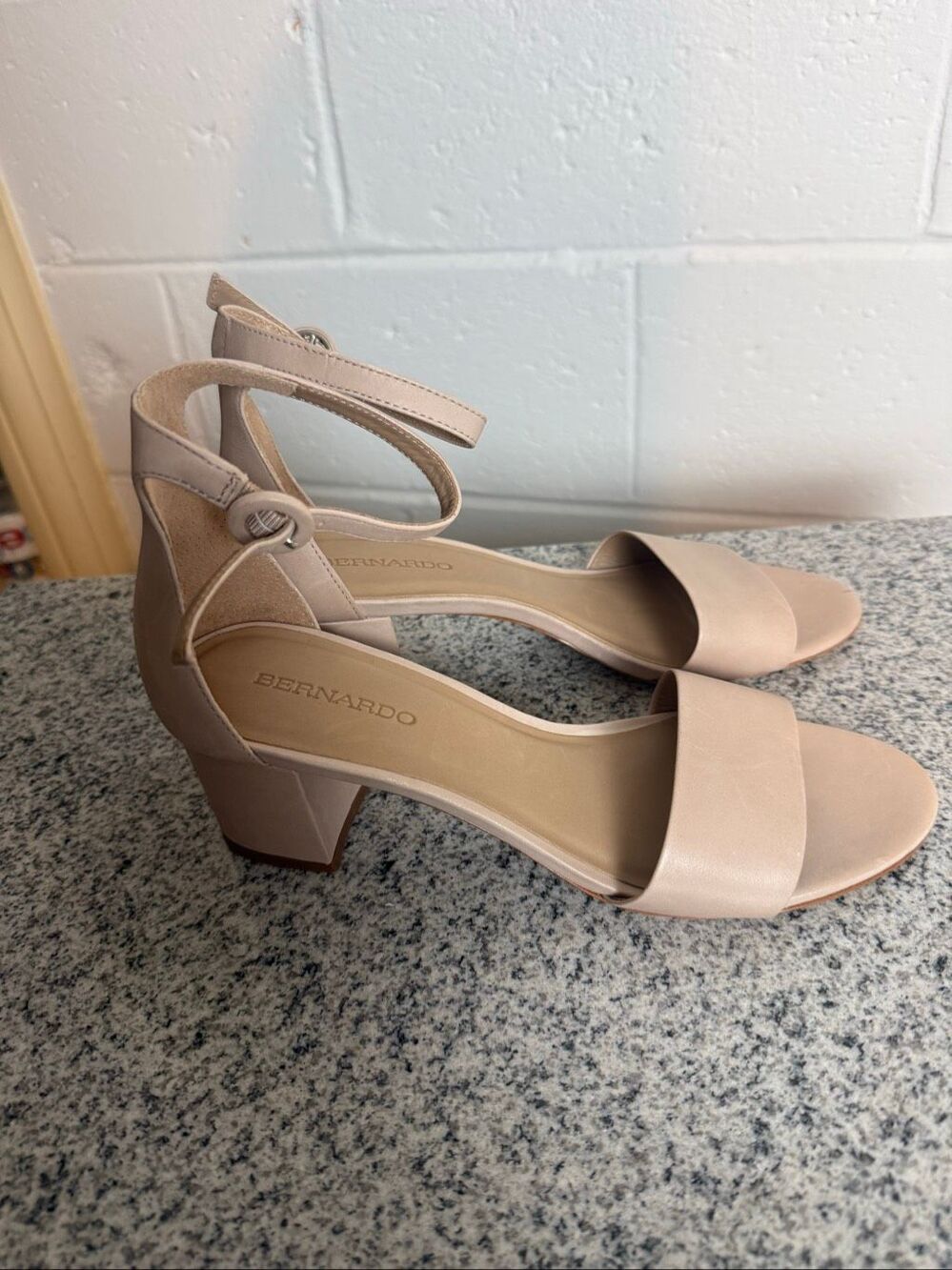 Bernardo Women’s 9M Nude Leather Ankle Strap Block Heel Sandals